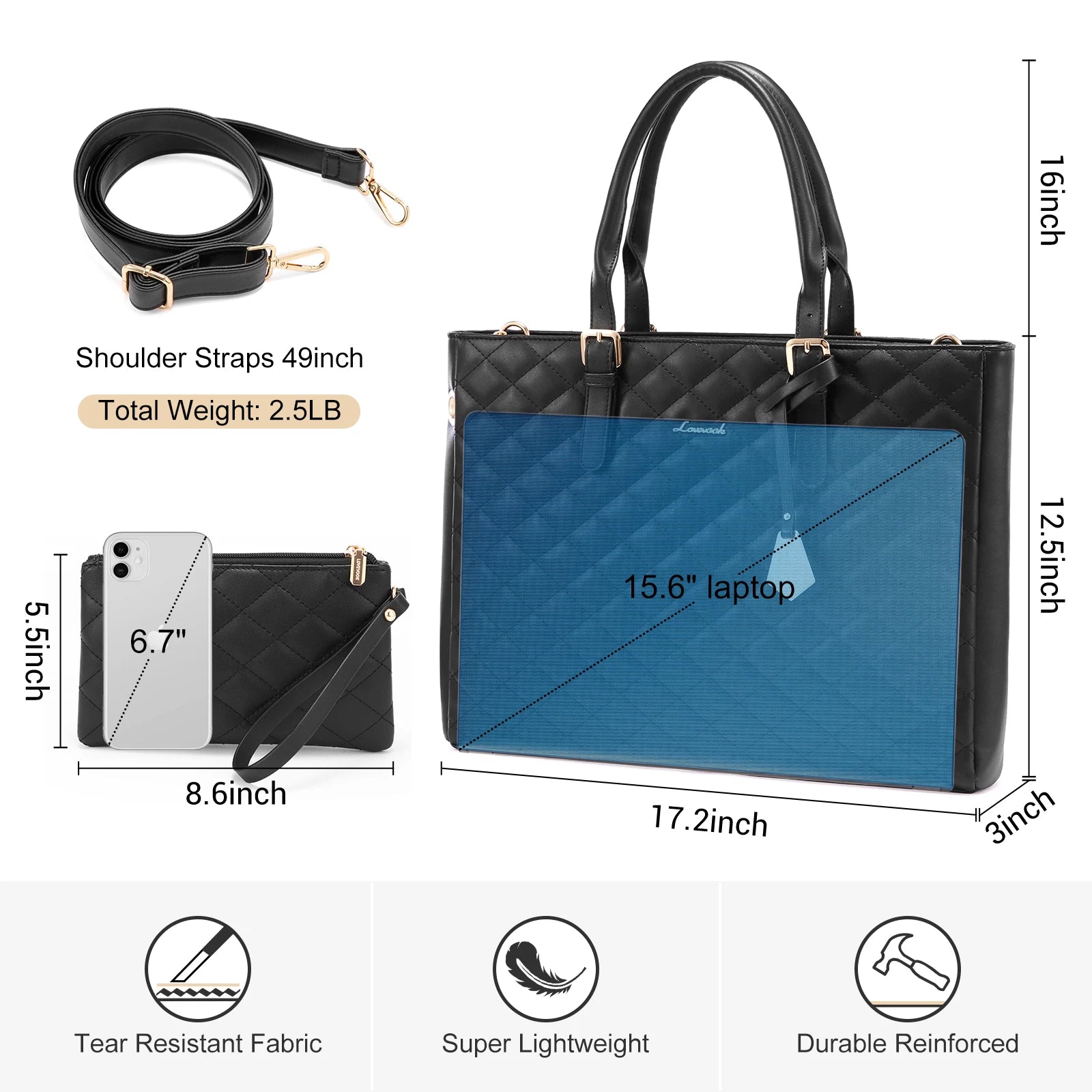 JMT-674378 Quilted PU Leather Laptop Briefcase and Tote Bag Set for Women - Fits 15.6 Inch Laptops