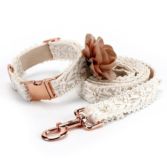 JMT-676042 Lace Flower Chest Harness and Leash Set for Cats and Dogs - White Polyester, Fashionable Design