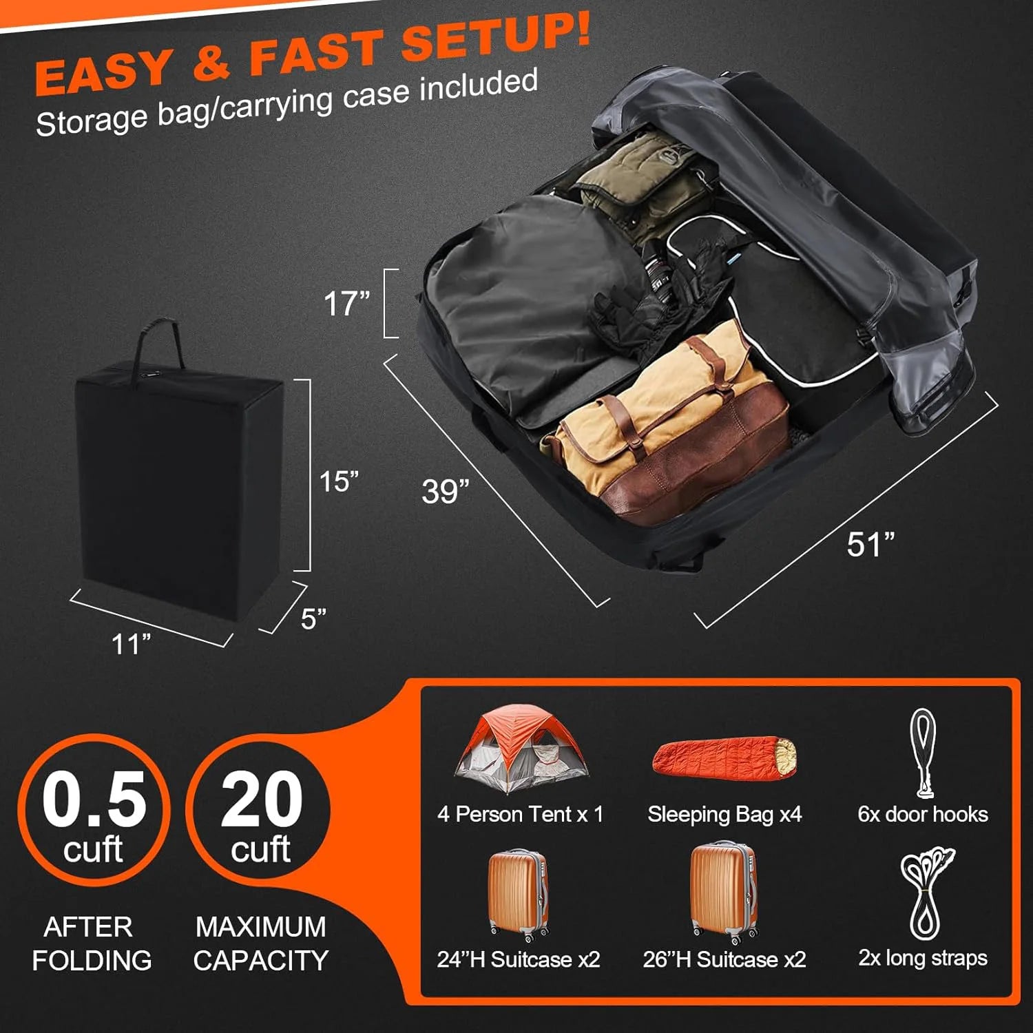 JMT-677642 20 Cubic Feet Waterproof Car Roof Bag with Tie-Down Strap for Secure Transportation