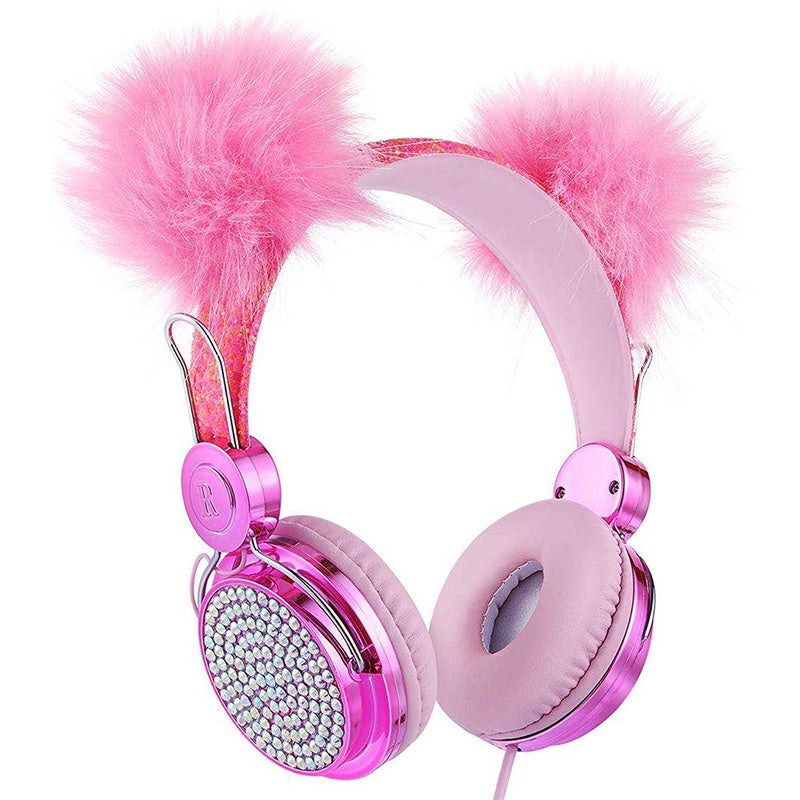 JMT-678154 Plush Hair Ball Wired Headphones with Active Noise Cancellation and Microphone