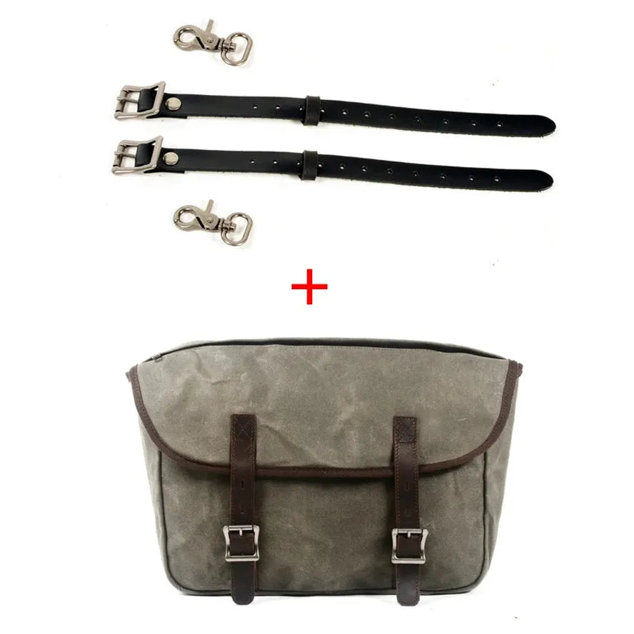 JMT-678538 Detachable Waxed Canvas Motorcycle Saddle Bag with Leather Accents and Zip Closure