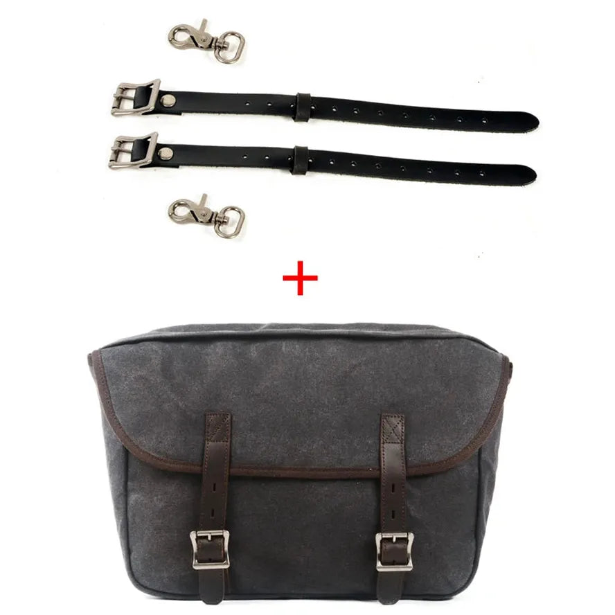 JMT-678538 Detachable Waxed Canvas Motorcycle Saddle Bag with Leather Accents and Zip Closure