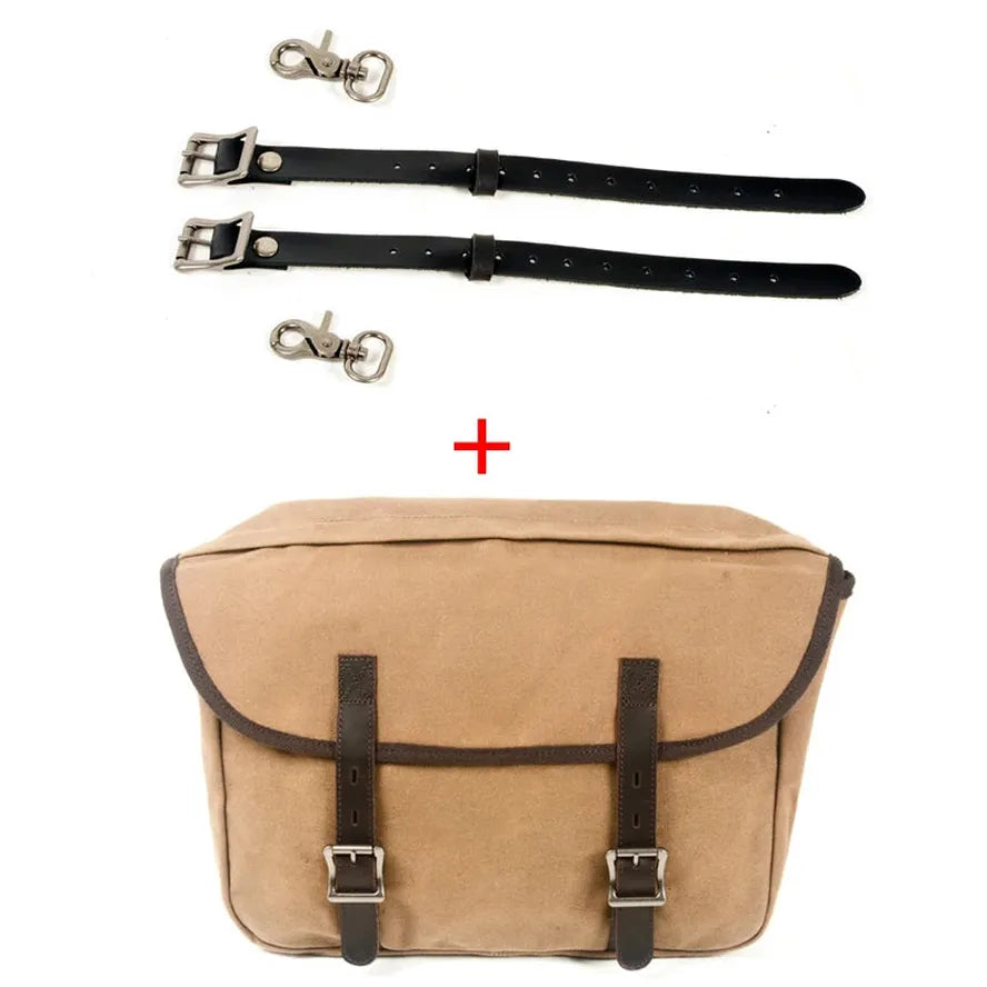 JMT-678538 Detachable Waxed Canvas Motorcycle Saddle Bag with Leather Accents and Zip Closure
