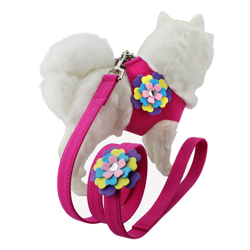 JMT-679498 Velvet Flower Print Pet Chest Harness with Matching Traction Leash