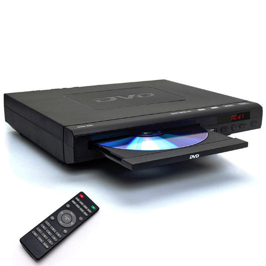 JMT-680330 Mini HD DVD Player with USB Support, Model DVD-225, Compact Design, Stereo Sound, Includes Remote and AV Cable