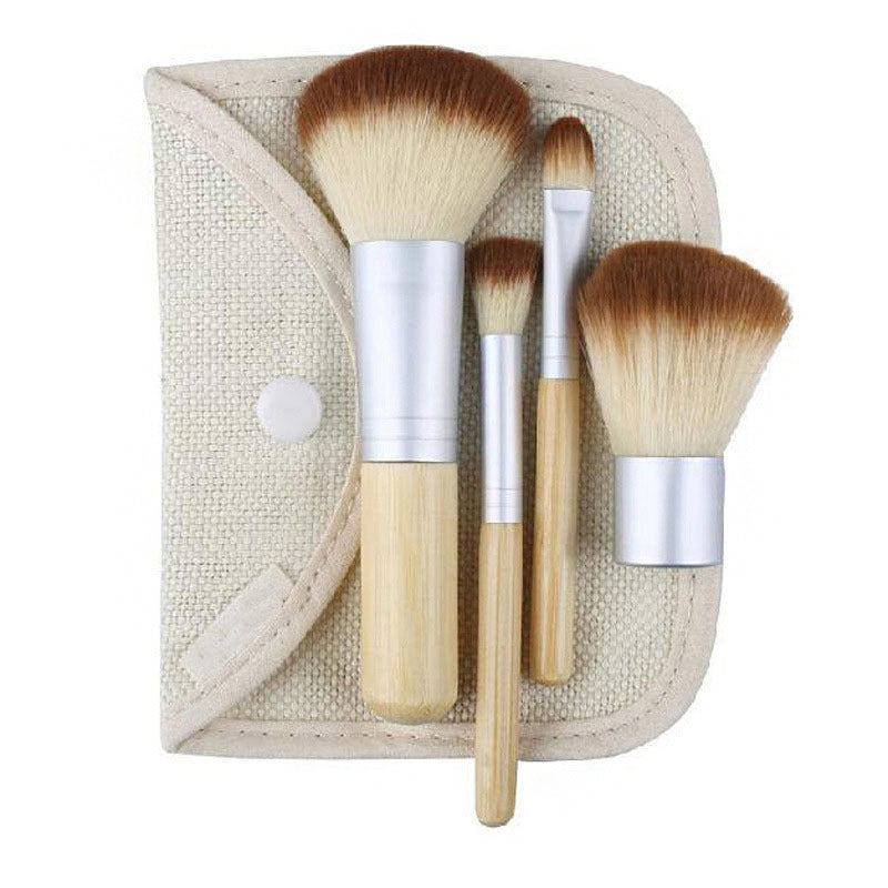 JMT-682890 Bamboo Handle Makeup Brush Set – 4 Rayon Brushes, 16cm Length, Wood Color