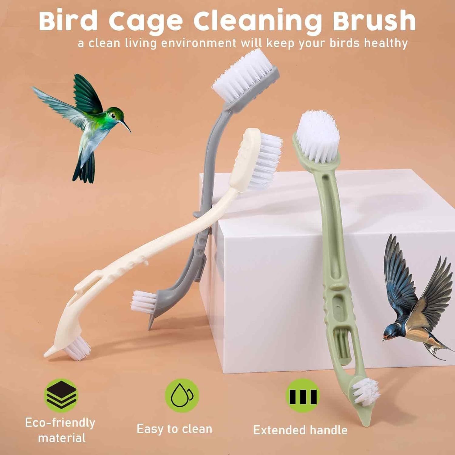 JMT-683850 Bird Cage Cleaner with Dual Brush Heads and Long Handle for Easy Cleaning