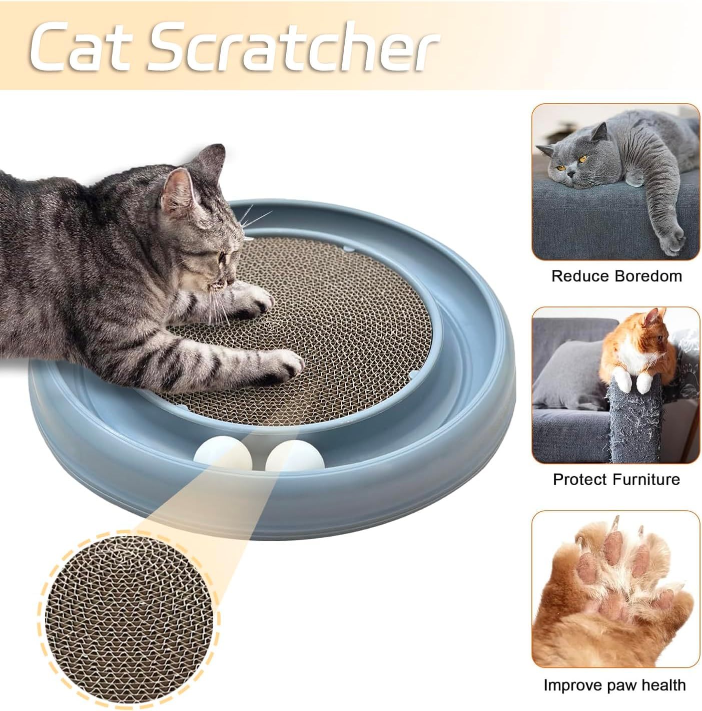 JMT-685066 Interactive Cat Scratching Board with Ball Track and Reversible Scratching Pad for Indoor Cats
