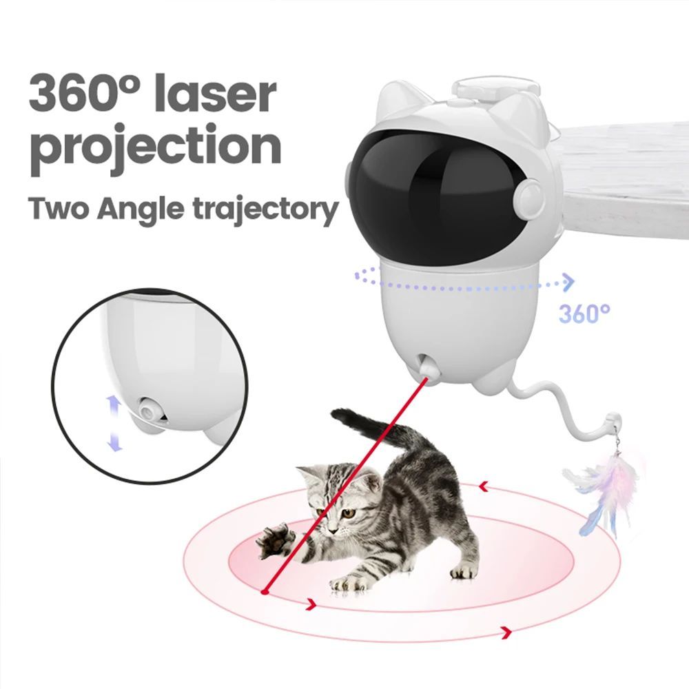 JMT-686218 Automatic Smart Cat Laser Toy with Random Movements for Cats and Dogs - White ABS Construction, Rechargeable 1800mAh Battery