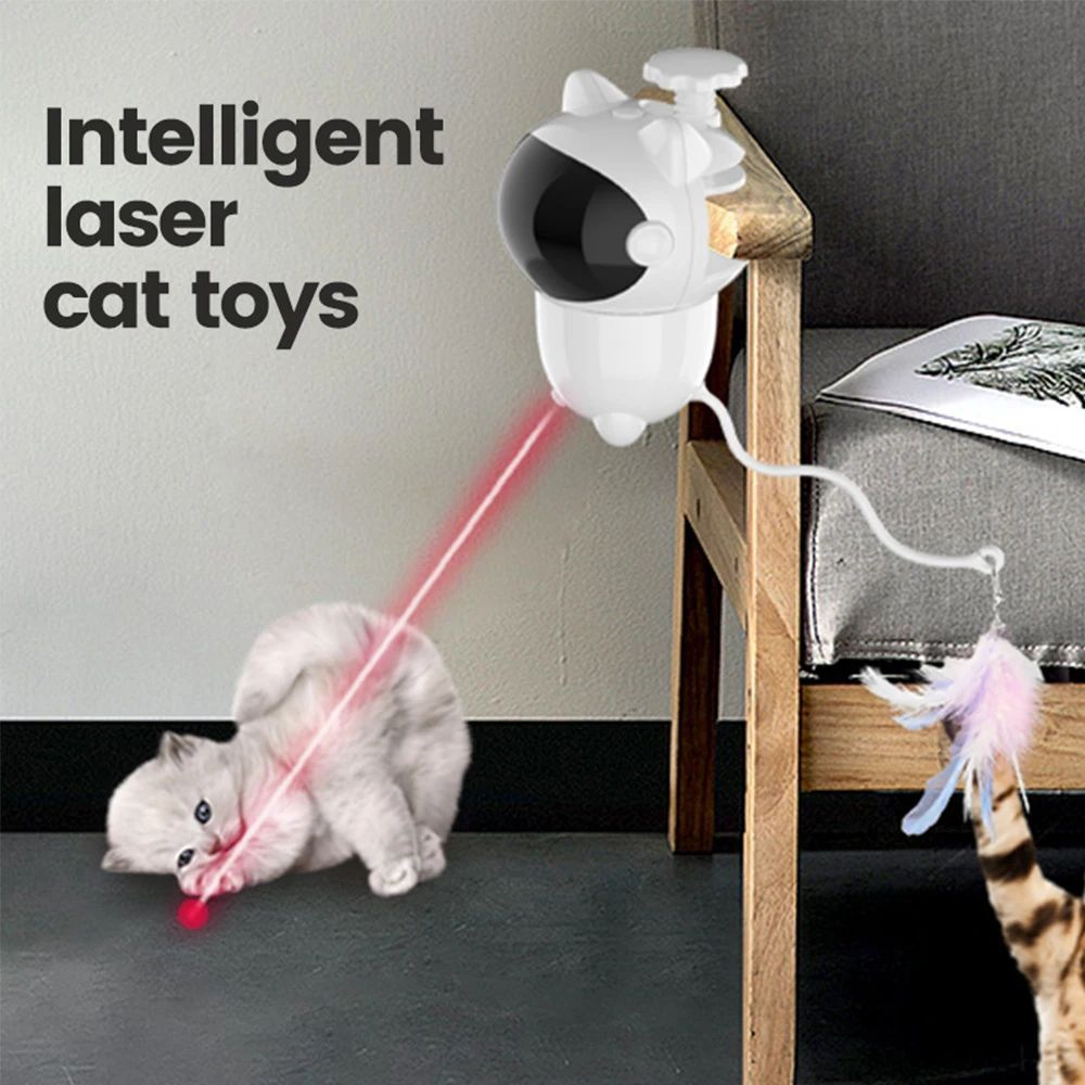 JMT-686218 Automatic Smart Cat Laser Toy with Random Movements for Cats and Dogs - White ABS Construction, Rechargeable 1800mAh Battery