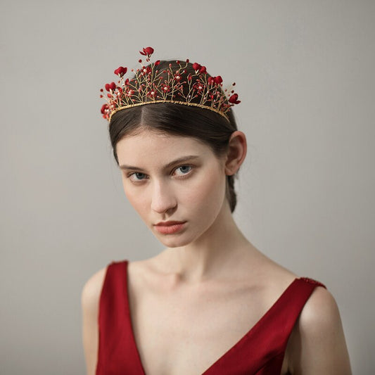 JMT-686602 Red Cloth Flower Bridal Headdress Metal Headband for Weddings and Parties