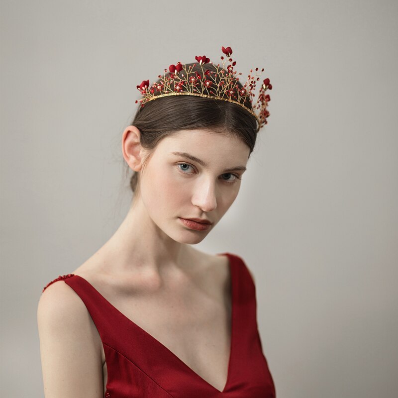 JMT-686602 Red Cloth Flower Bridal Headdress Metal Headband for Weddings and Parties