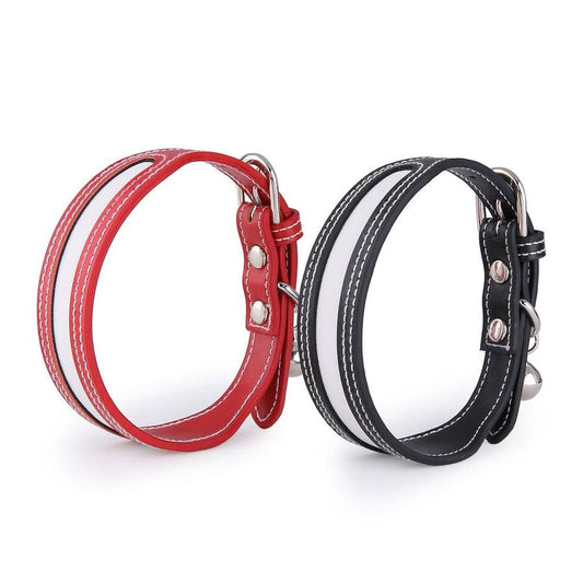 JMT-687882 Reflective Outdoor Pet Collar with Bell - Red and Black PU Material for Cats and Dogs, Fits Neck Circumference 25-32cm