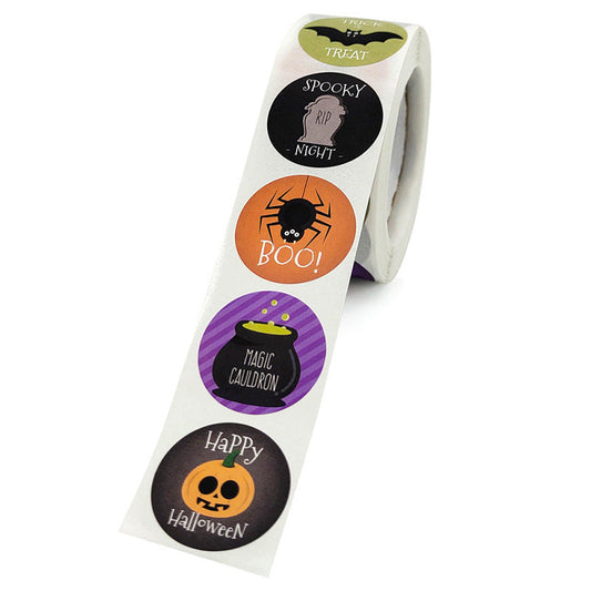 JMT-688842 Custom Round Copper Plate Sticker Label for Halloween with Owl, Ghost, Skull, Pumpkin, Bat, and Spider Designs - 1 inch (25mm)