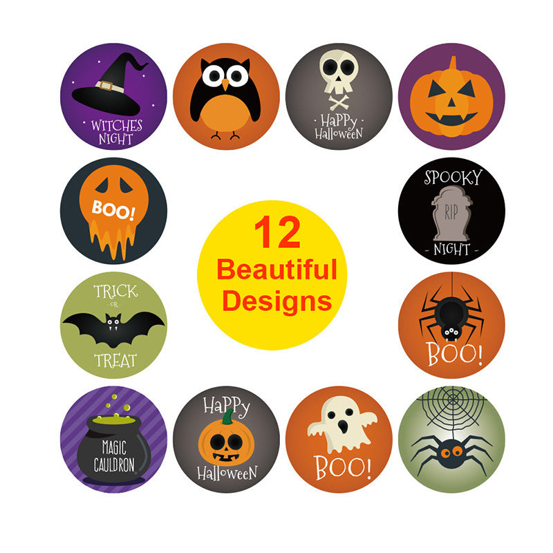 JMT-688842 Custom Round Copper Plate Sticker Label for Halloween with Owl, Ghost, Skull, Pumpkin, Bat, and Spider Designs - 1 inch (25mm)