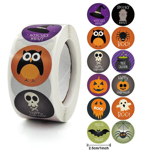 JMT-688842 Custom Round Copper Plate Sticker Label for Halloween with Owl, Ghost, Skull, Pumpkin, Bat, and Spider Designs - 1 inch (25mm)