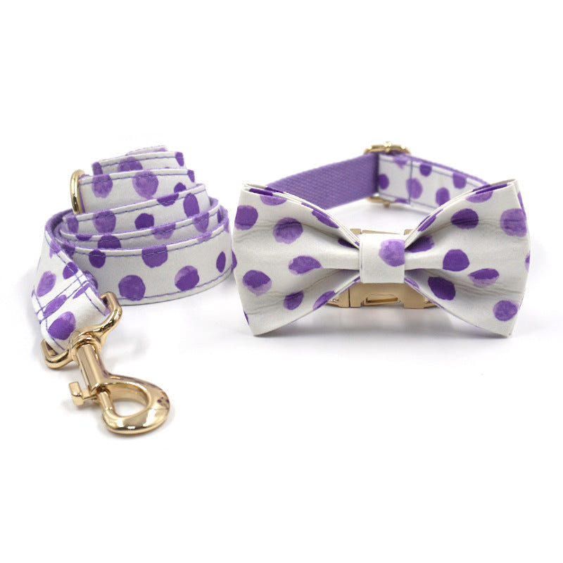JMT-689866 Polka Dot Purple Dog Collar and Leash Set with Bow, Adjustable Sizes XS to XL