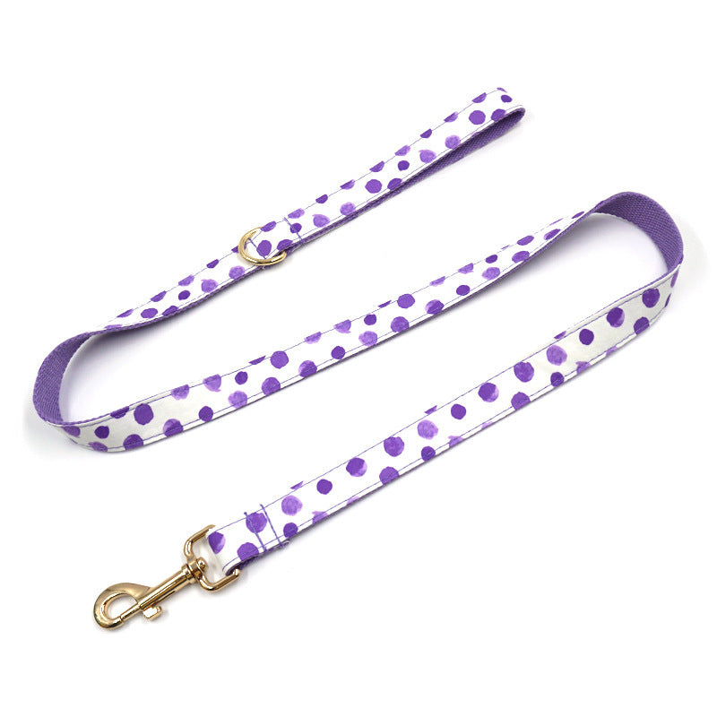 JMT-689866 Polka Dot Purple Dog Collar and Leash Set with Bow, Adjustable Sizes XS to XL