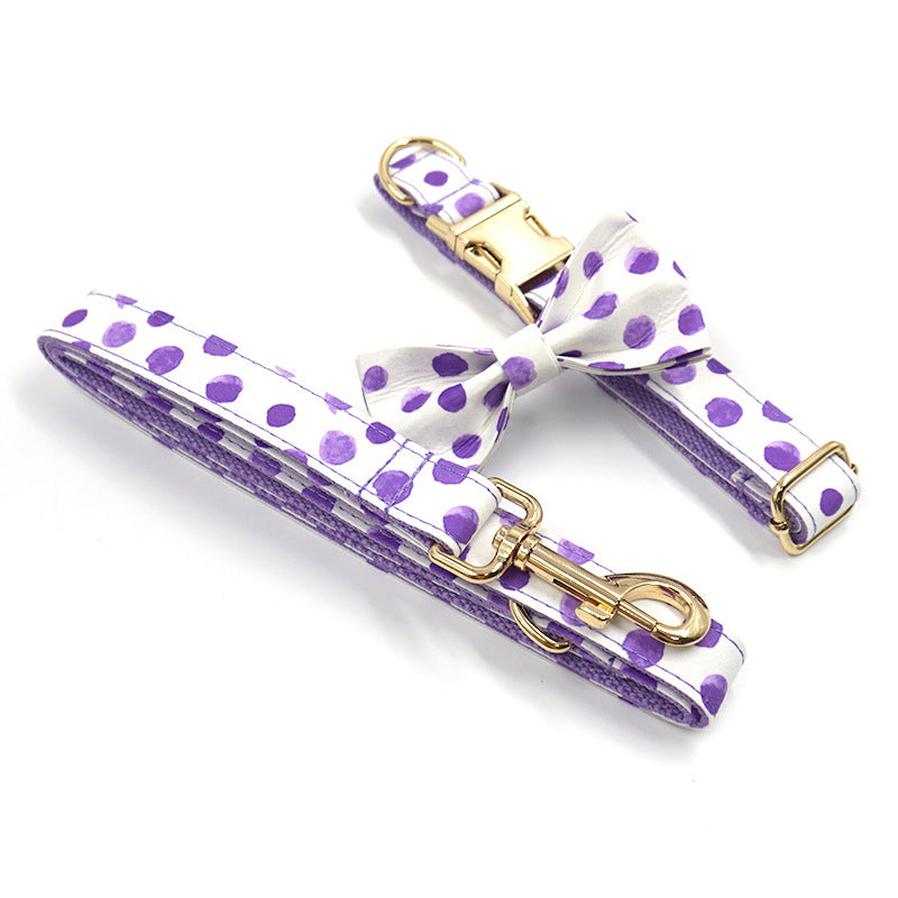 JMT-689866 Polka Dot Purple Dog Collar and Leash Set with Bow, Adjustable Sizes XS to XL
