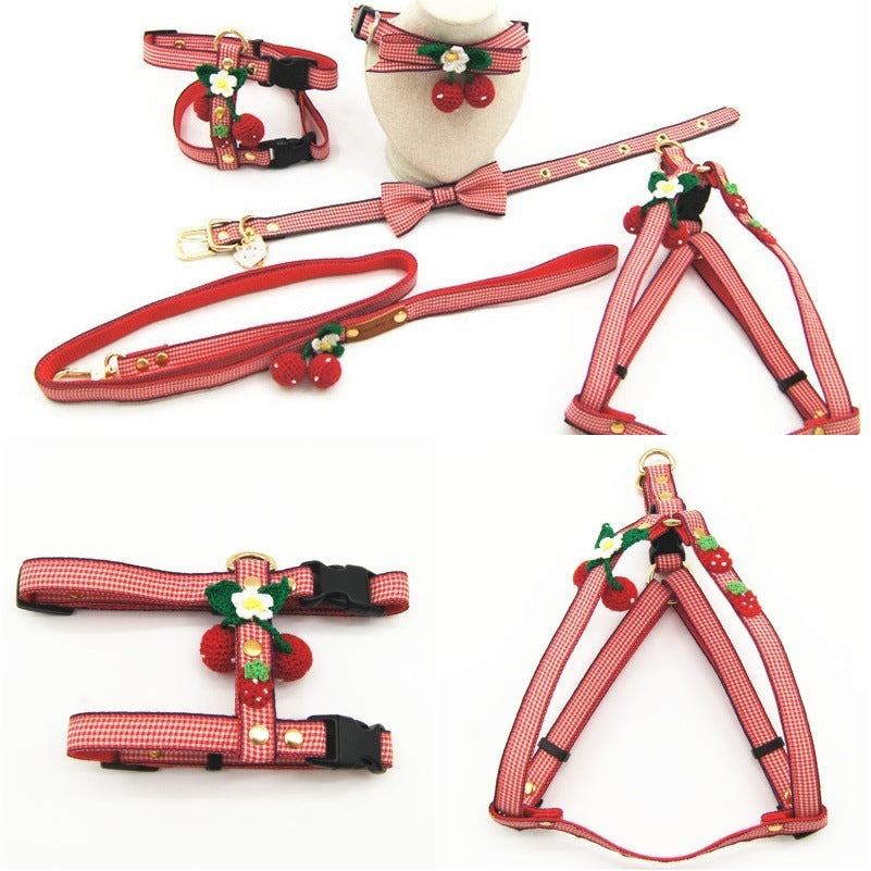JMT-692490 Knit Strawberry Pet Traction Set for Cats and Dogs, Adjustable Size with Cute Pendant
