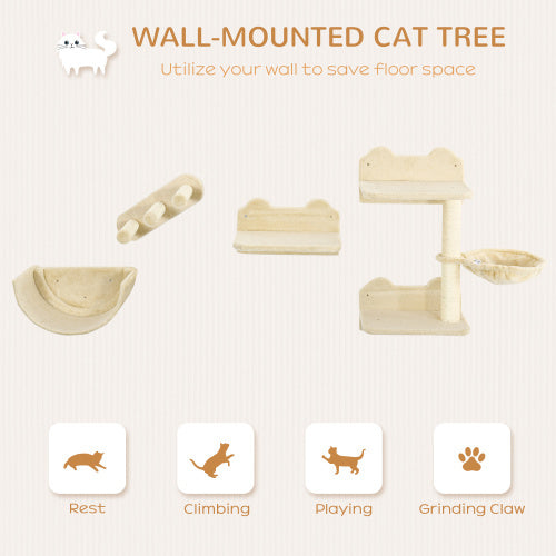 JMT-692810 Wall-Mounted Cat Shelves with Hammock, Perches, Steps, and Scratching Post for Climbing and Relaxing, Beige Finish