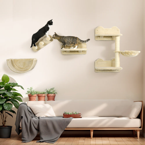 JMT-692810 Wall-Mounted Cat Shelves with Hammock, Perches, Steps, and Scratching Post for Climbing and Relaxing, Beige Finish