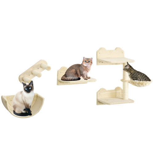 JMT-692810 Wall-Mounted Cat Shelves with Hammock, Perches, Steps, and Scratching Post for Climbing and Relaxing, Beige Finish