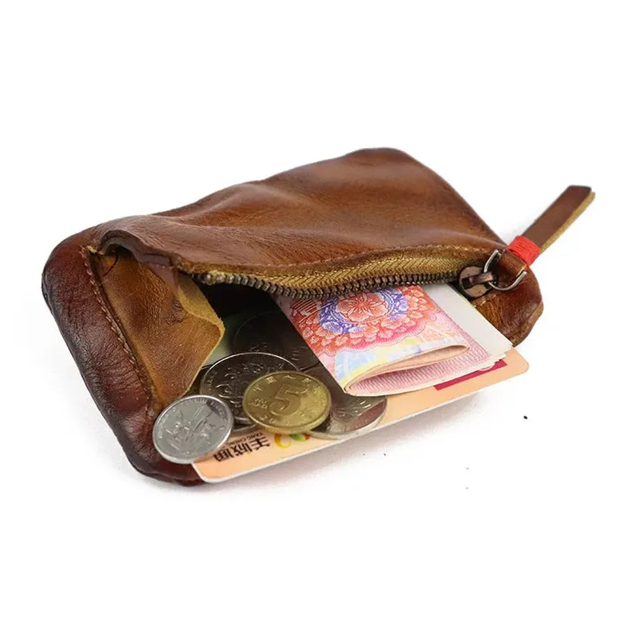 JMT-693194 Retro Style Genuine Leather Card Wallet for Students - Zipper Closure, Multi-Colour Options