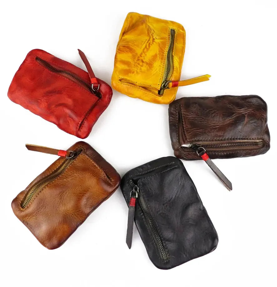 JMT-693194 Retro Style Genuine Leather Card Wallet for Students - Zipper Closure, Multi-Colour Options