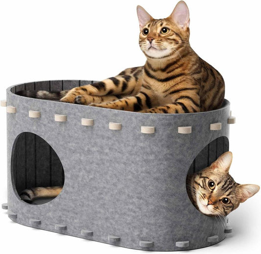 JMT-694282 Cozy Foldable Cat Cave with Scratch-Resistant Tunnel and Peekaboo Access for Indoor Cats