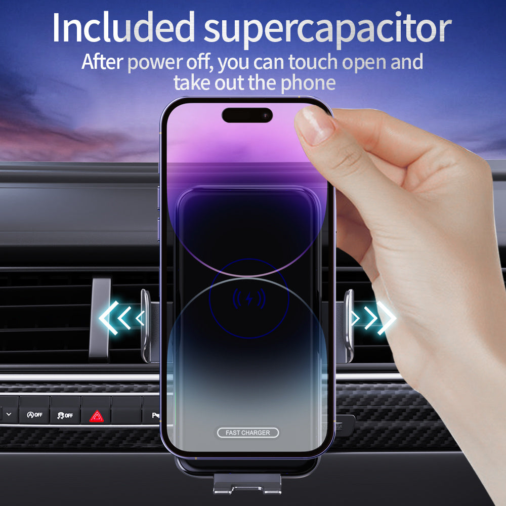 JMT-694666 15W Wireless Car Charger with Auto Clamping Phone Mount for Qi-Compatible Devices