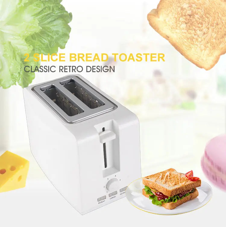 JMT-694922 Compact 750W White 2-Slice Plastic Bread Toaster for Efficient Toasting