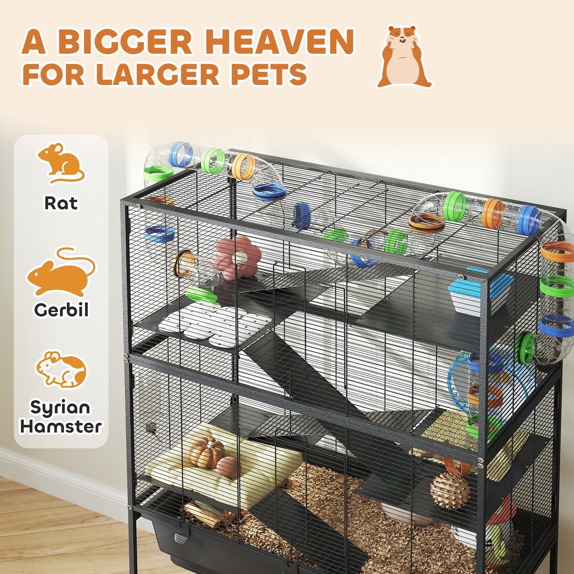 JMT-694986 5-Tier Hamster Cage with Rolling Base, Large Deep Tray, Exercise Wheel, Hut, and Tubes