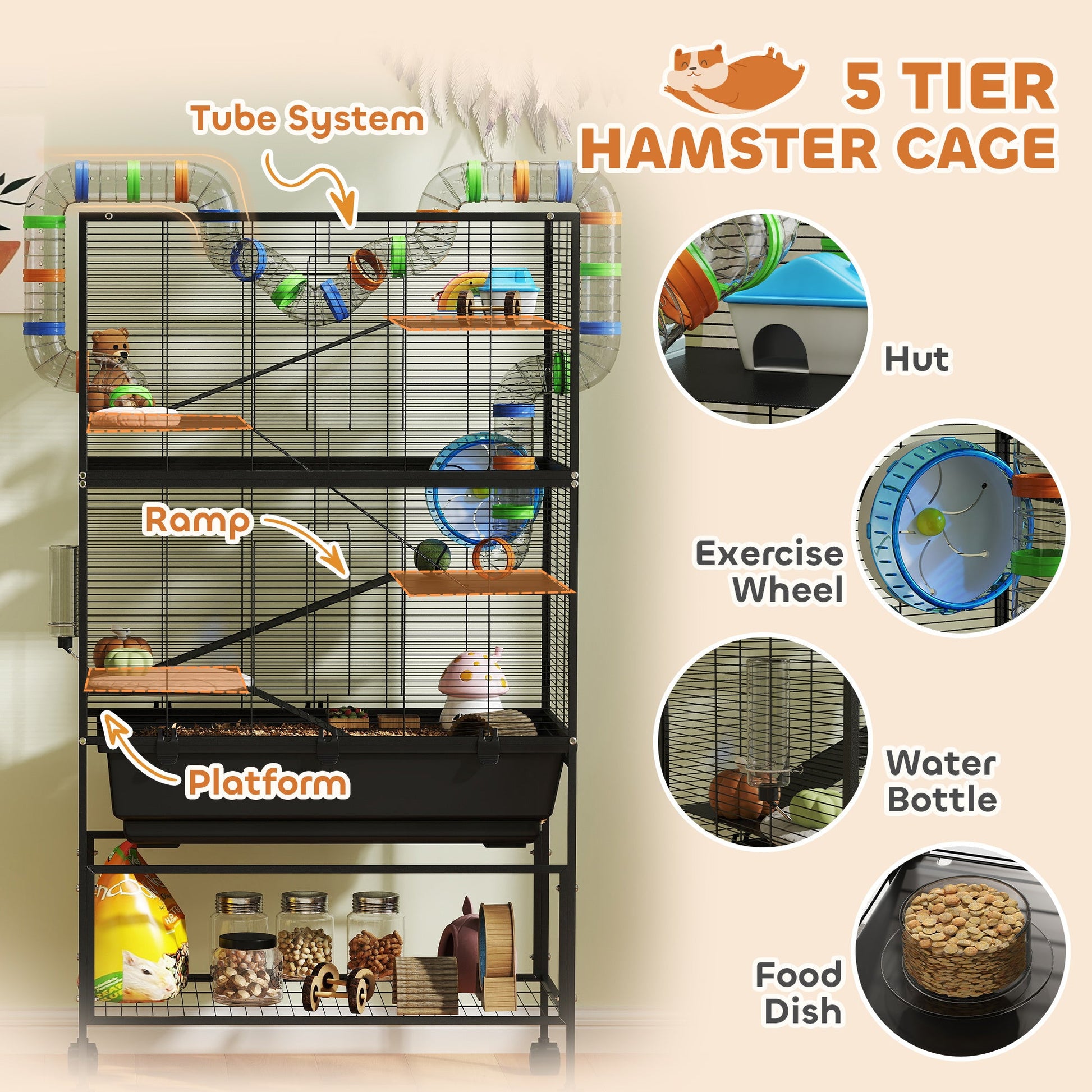 JMT-694986 5-Tier Hamster Cage with Rolling Base, Large Deep Tray, Exercise Wheel, Hut, and Tubes