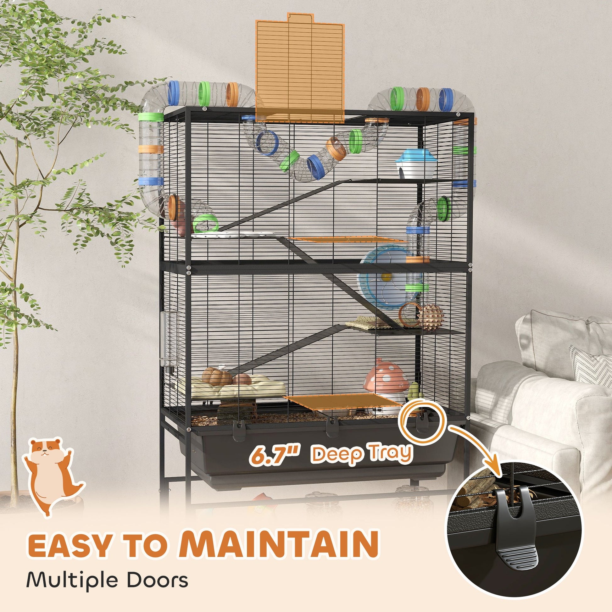 JMT-694986 5-Tier Hamster Cage with Rolling Base, Large Deep Tray, Exercise Wheel, Hut, and Tubes