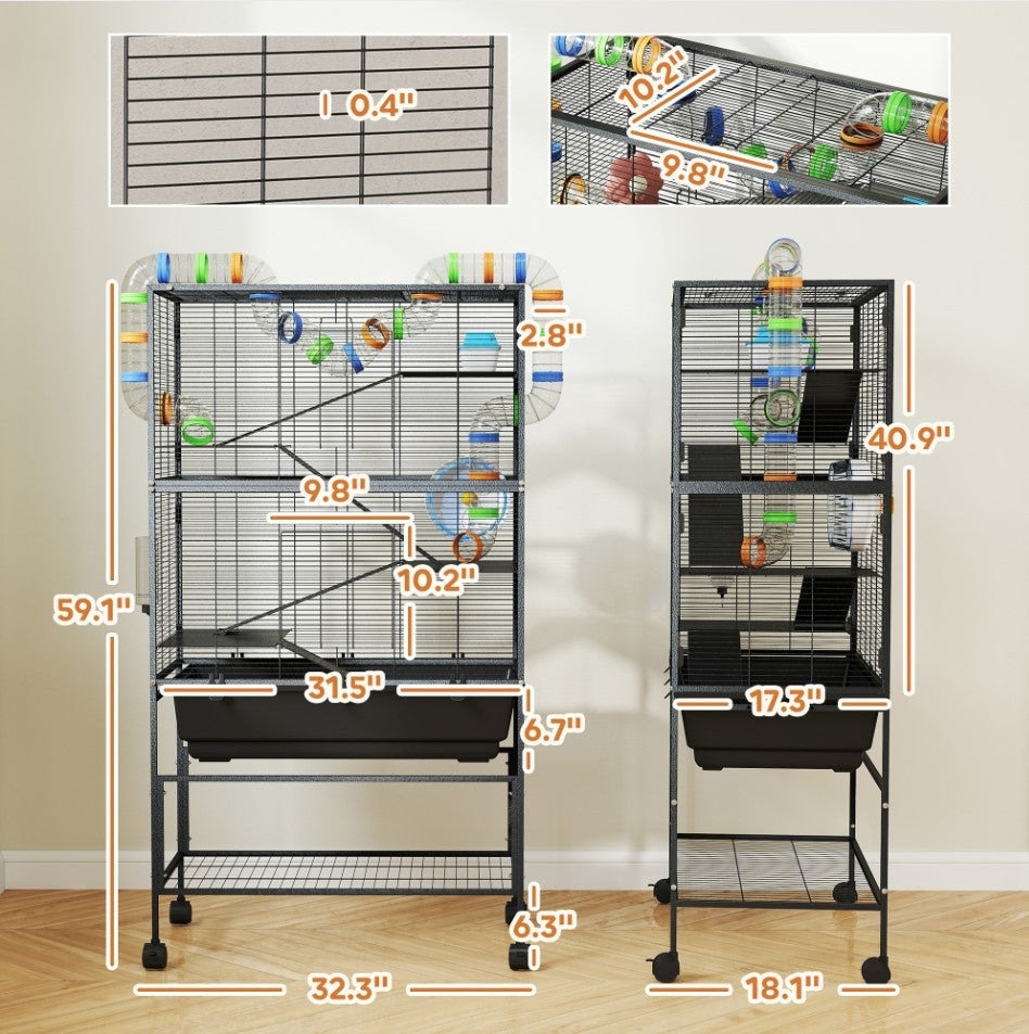 JMT-694986 5-Tier Hamster Cage with Rolling Base, Large Deep Tray, Exercise Wheel, Hut, and Tubes