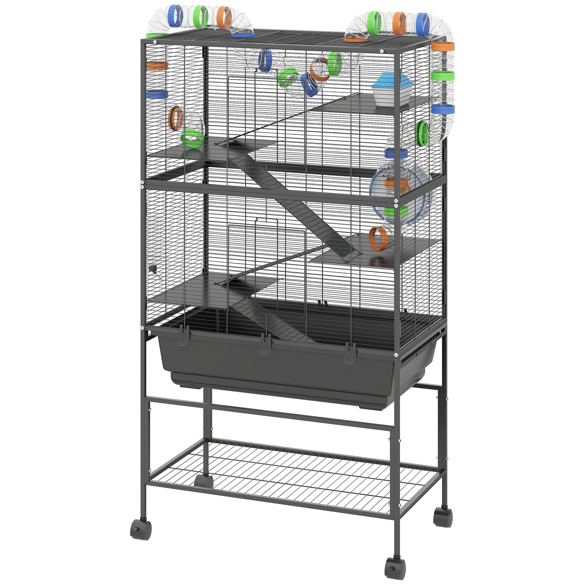 JMT-694986 5-Tier Hamster Cage with Rolling Base, Large Deep Tray, Exercise Wheel, Hut, and Tubes