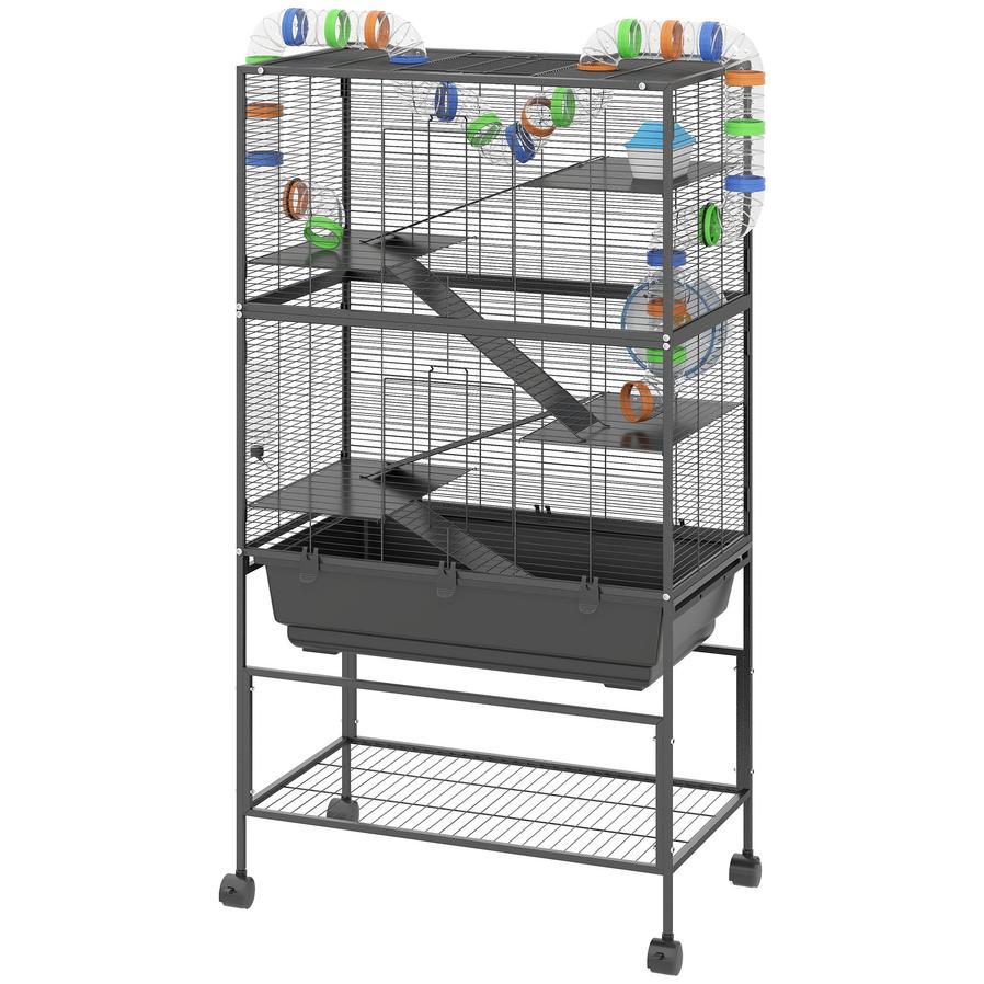 JMT-694986 5-Tier Hamster Cage with Rolling Base, Large Deep Tray, Exercise Wheel, Hut, and Tubes