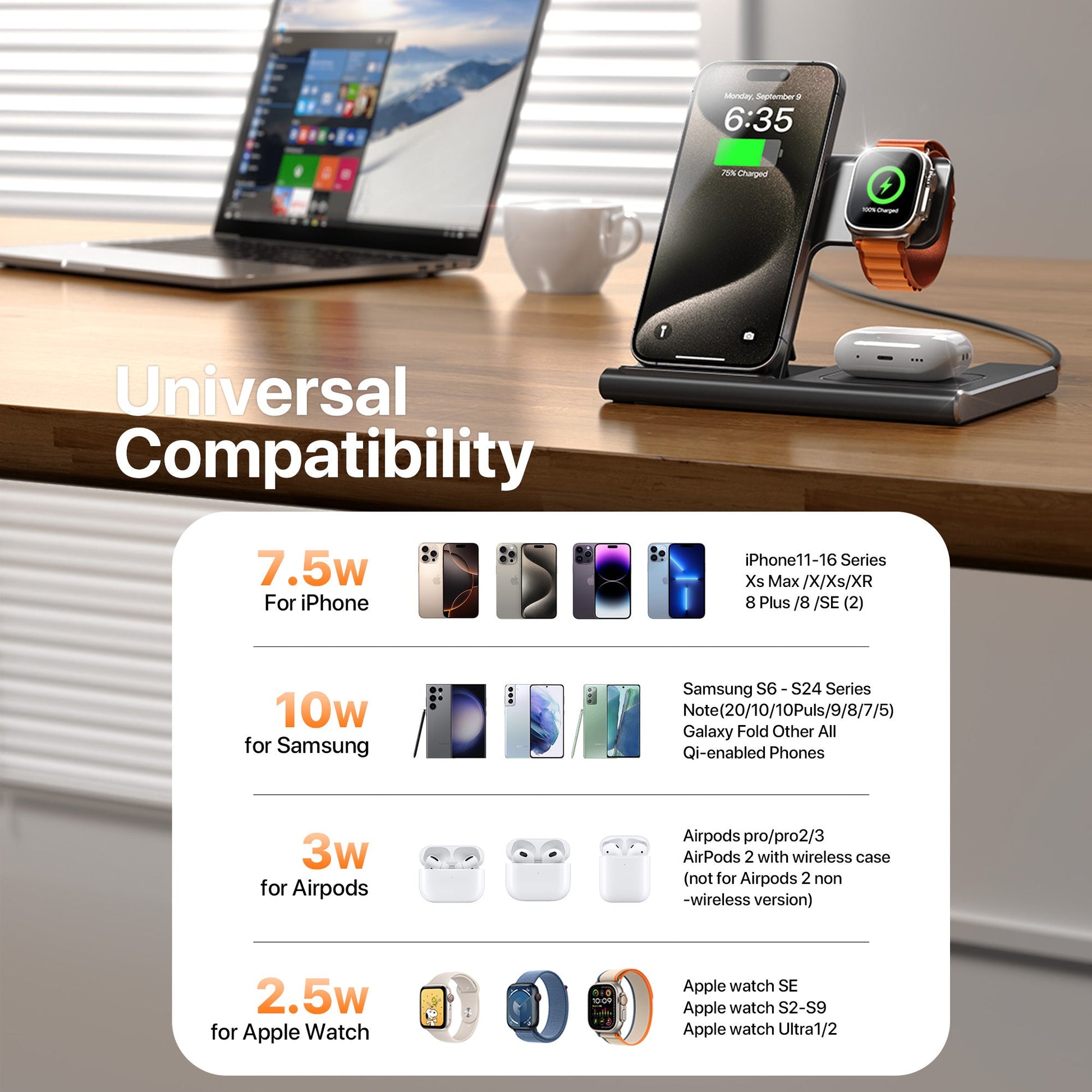 JMT-695818 3-in-1 Wireless Charging Station for Multiple Devices - Fast Charging Stand with Foldable Design