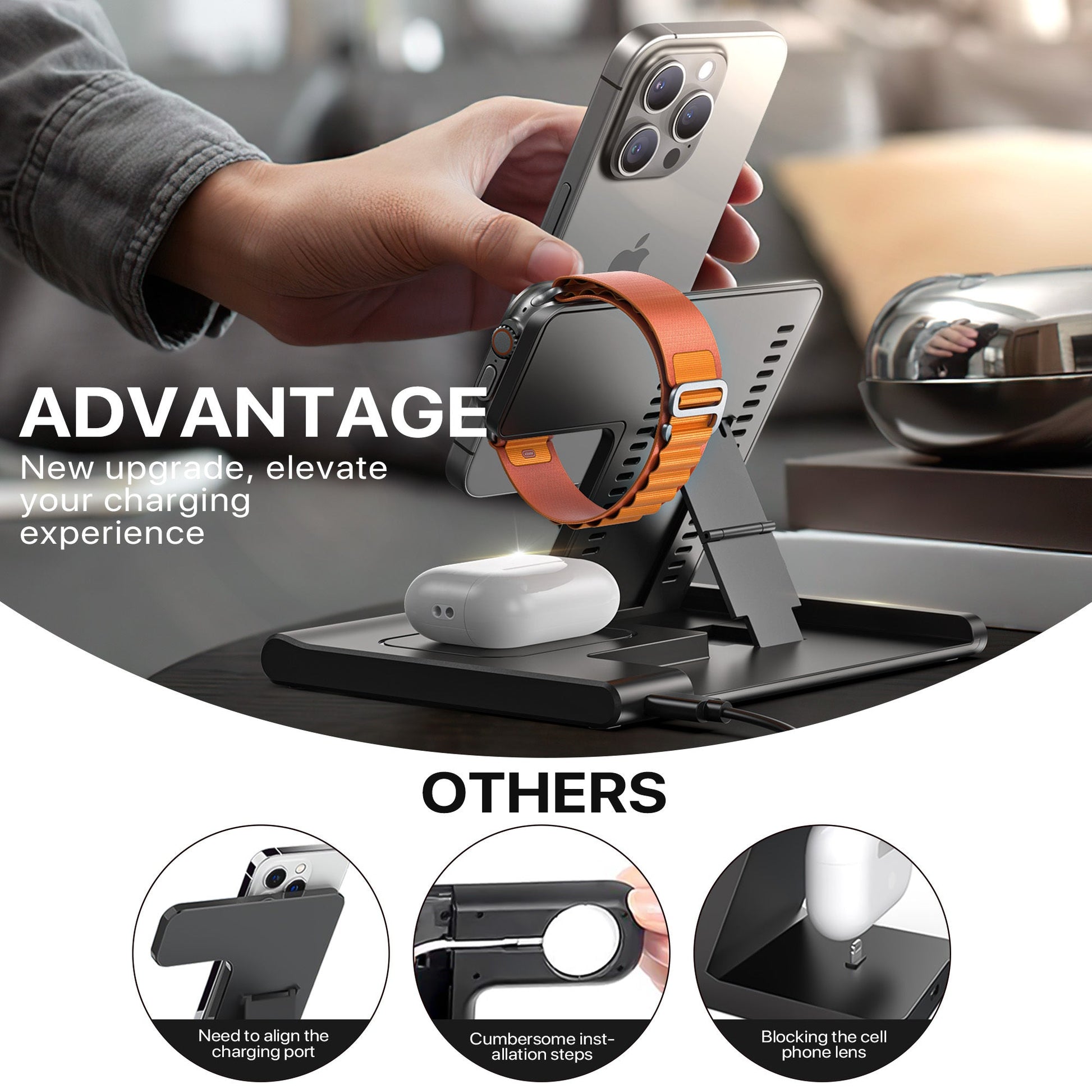 JMT-695818 3-in-1 Wireless Charging Station for Multiple Devices - Fast Charging Stand with Foldable Design