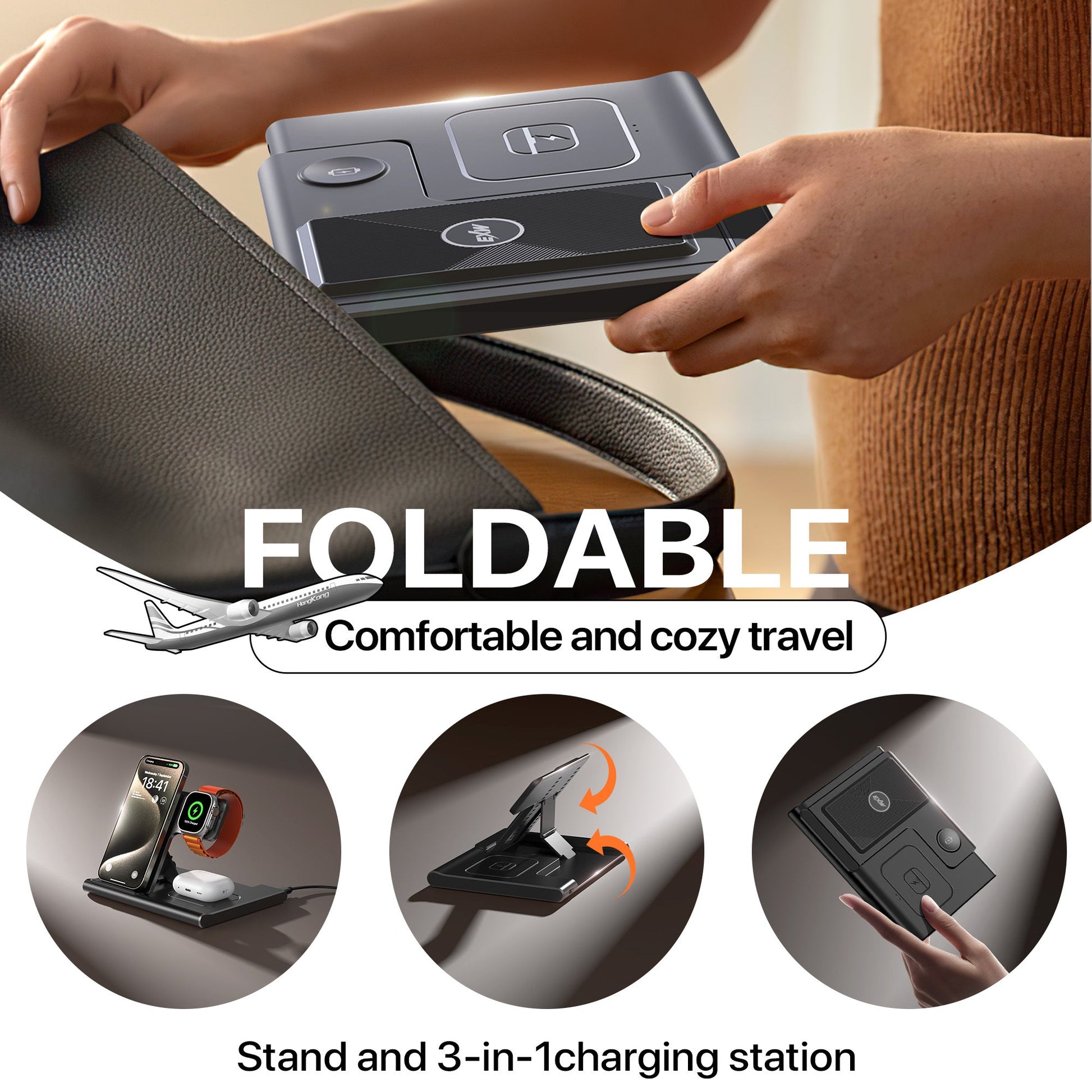 JMT-695818 3-in-1 Wireless Charging Station for Multiple Devices - Fast Charging Stand with Foldable Design