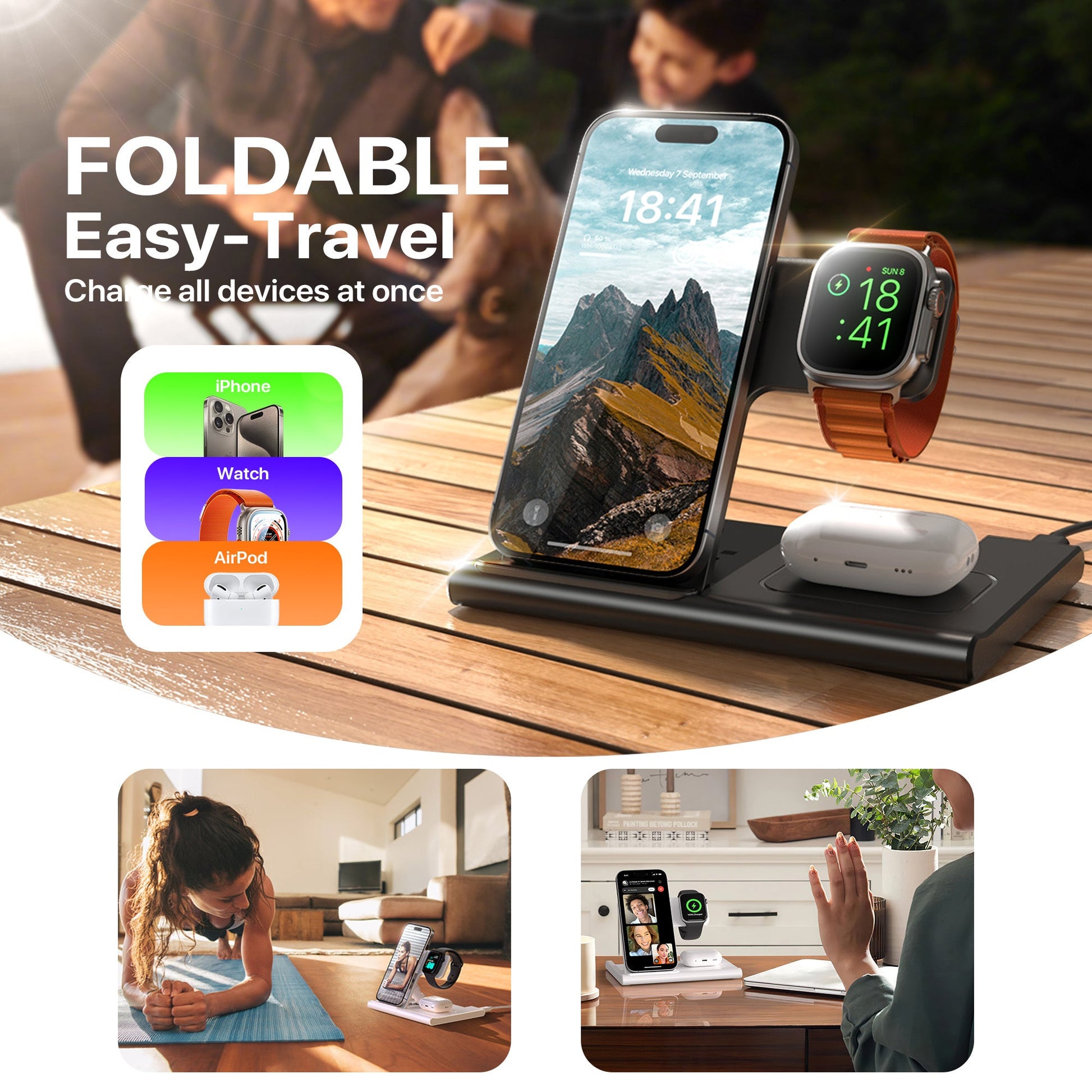 JMT-695818 3-in-1 Wireless Charging Station for Multiple Devices - Fast Charging Stand with Foldable Design