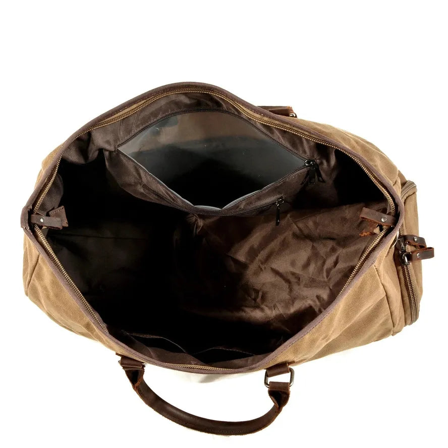 JMT-696522 Large Capacity Waterproof Batik Canvas Travel Bag with Crazy Horse Cowhide Leather Trim