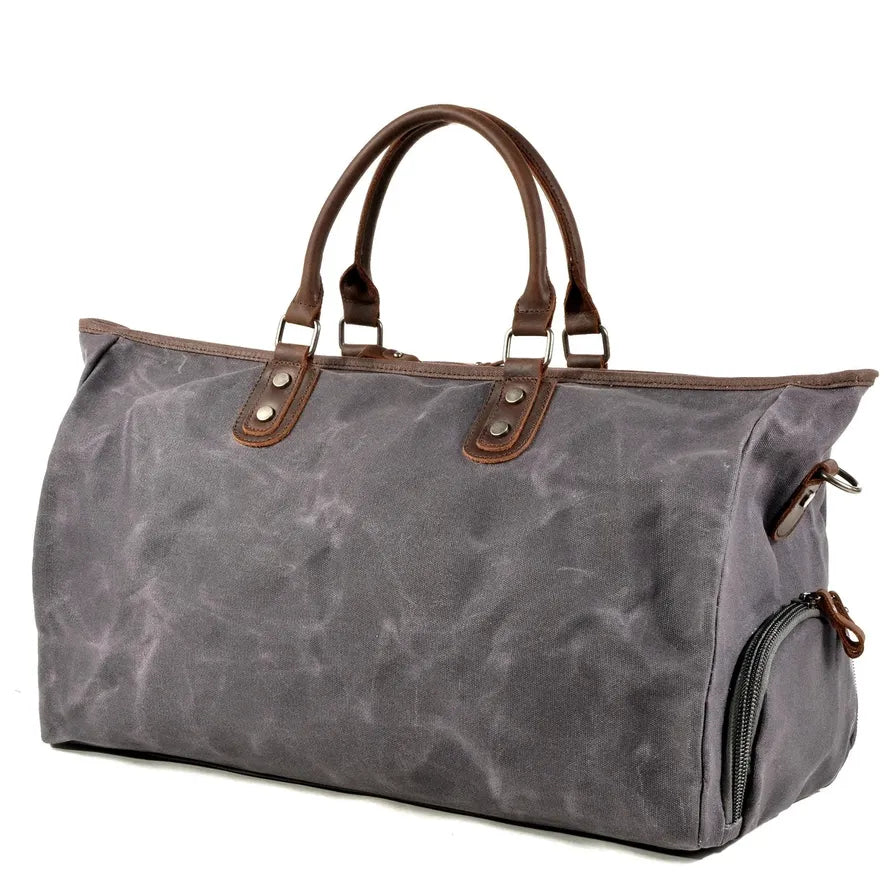 JMT-696522 Large Capacity Waterproof Batik Canvas Travel Bag with Crazy Horse Cowhide Leather Trim