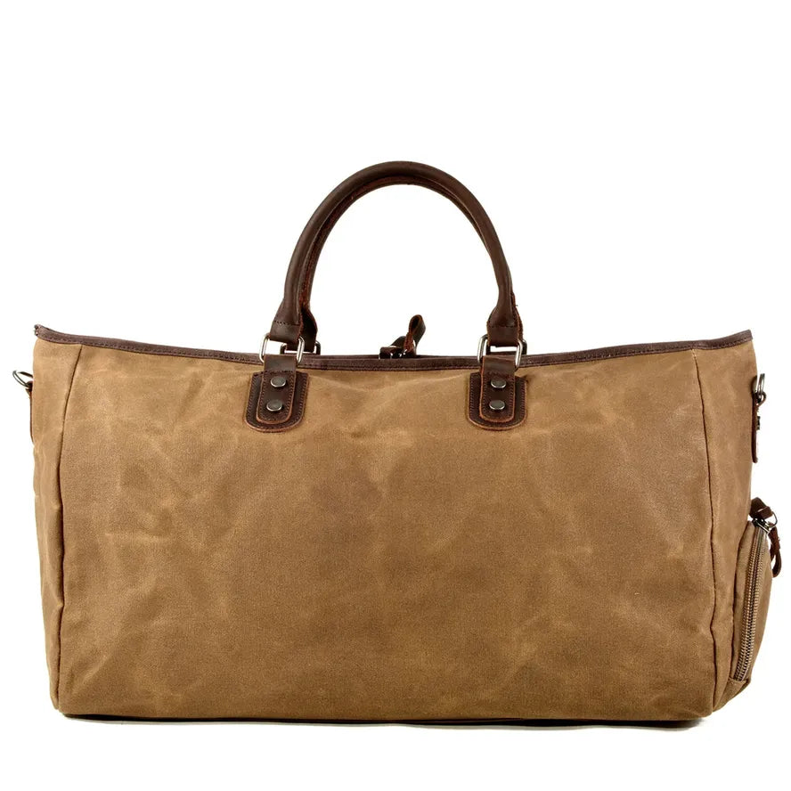 JMT-696522 Large Capacity Waterproof Batik Canvas Travel Bag with Crazy Horse Cowhide Leather Trim