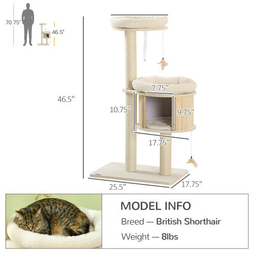 JMT-697290 3-Level Cat Tree with Sisal Scratching Posts, Soft Cushions, and Cat Badminton Toy