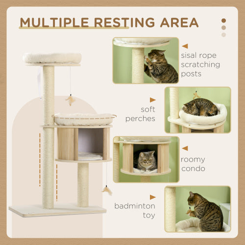 JMT-697290 3-Level Cat Tree with Sisal Scratching Posts, Soft Cushions, and Cat Badminton Toy