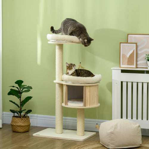 JMT-697290 3-Level Cat Tree with Sisal Scratching Posts, Soft Cushions, and Cat Badminton Toy