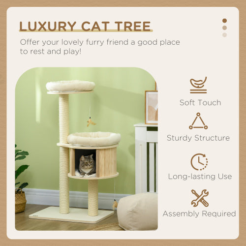JMT-697290 3-Level Cat Tree with Sisal Scratching Posts, Soft Cushions, and Cat Badminton Toy