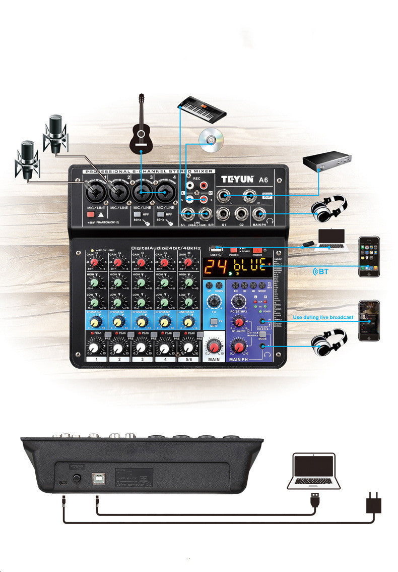 JMT-698442 Bluetooth Sound Card Mixer with Multi-Channel Input and Professional Effects